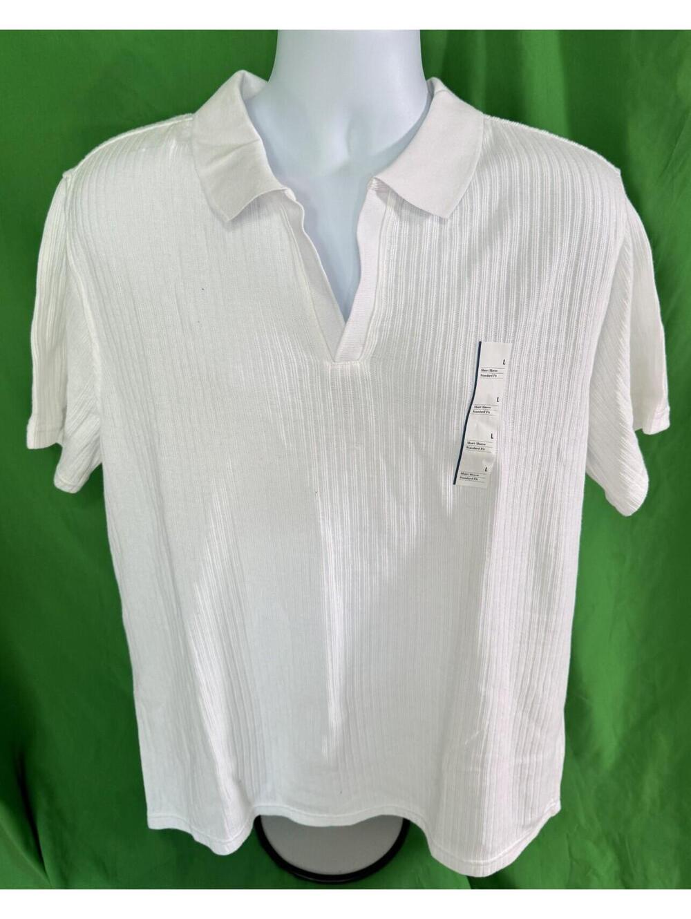 Goodfellow Johnny Collar Polo Shirt White Textured Cotton Lightweight Mens L NEW